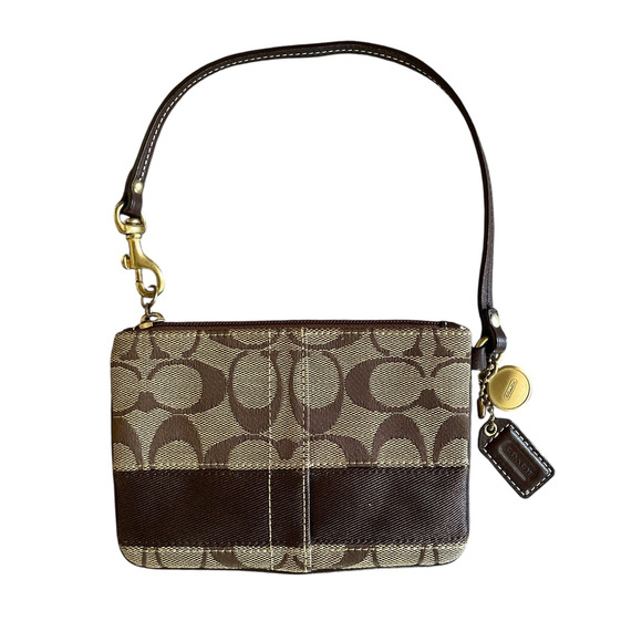 COACH Khaki Brown Stripe Signature C Top Zip Gold Coin Hang Tag Creed Wristlet - Picture 7 of 7